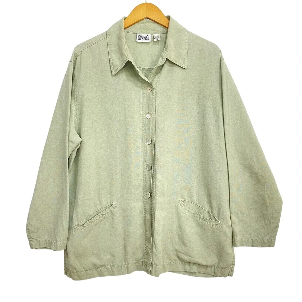 Chico's Design Jacket Womens 3 Green Tencel Linen Button Utility Shirt Top XL - Picture 1 of 12